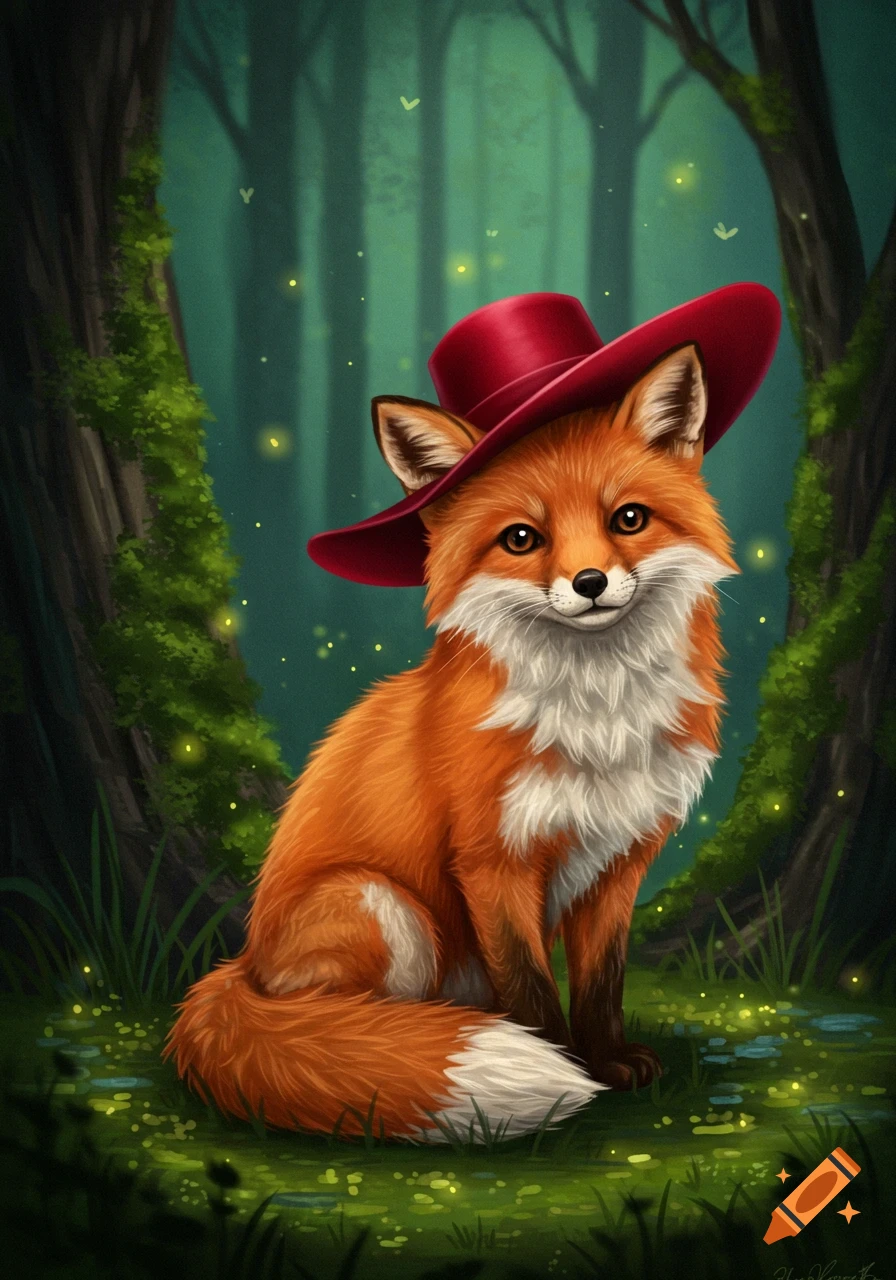 A cute red fox in a red hat sits in a lush, magical forest with glowing fireflies in an illustration.