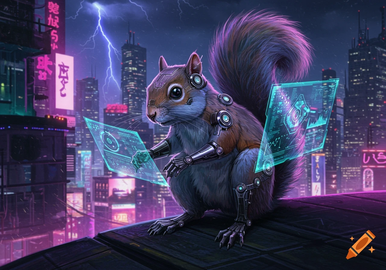 A cyberpunk cyborg squirrel sits on a ledge, manipulating two glowing holographic screens against a neon-lit futuristic city backdrop with lightning.