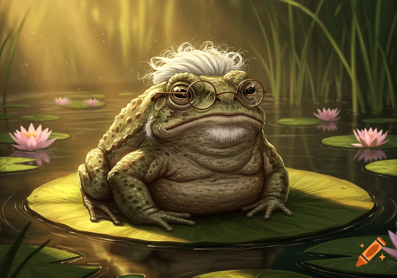 An anthropomorphic toad with messy white hair, goatee, and round glasses sits on a lily pad in a sunny pond with pink water lilies.