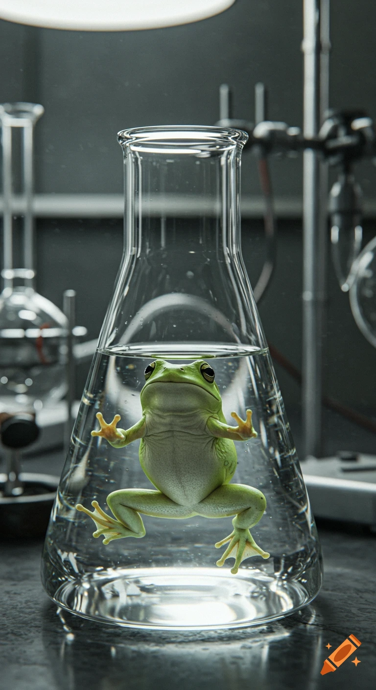 A photorealistic image of a green frog submerged in water inside a clear laboratory flask, in a scientific lab setting.