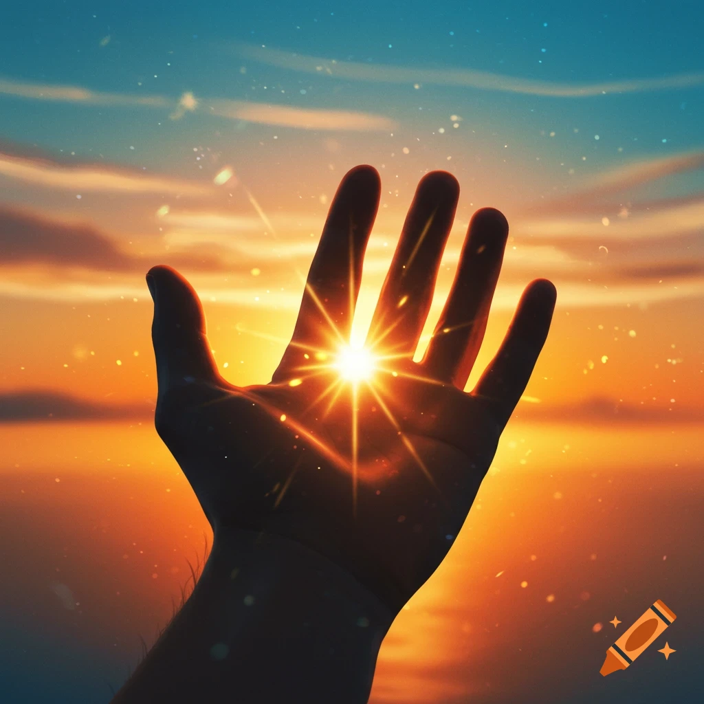 A silhouetted hand reaches towards a brilliant, star-like sunburst at sunset, with a vibrant orange and blue sky.