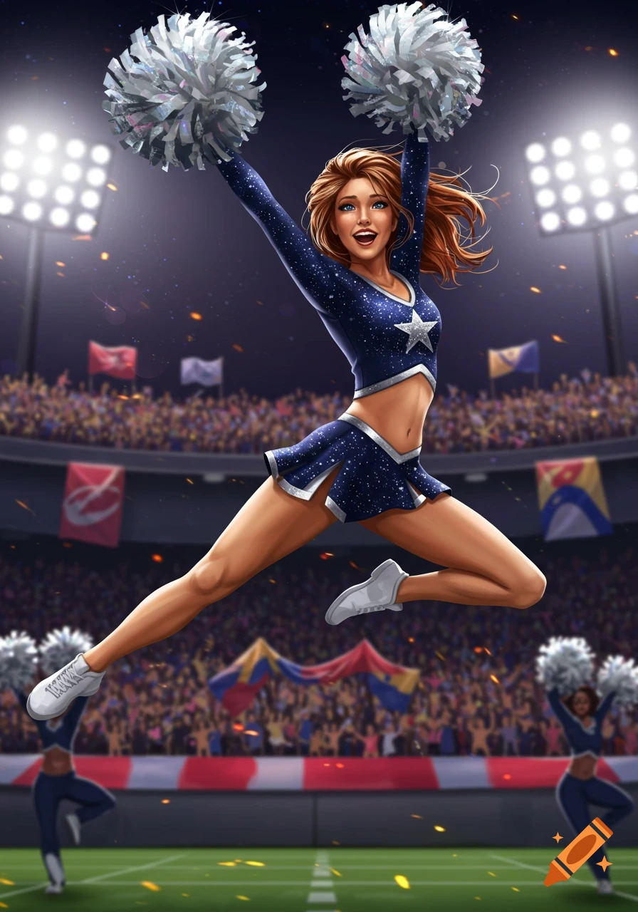 A smiling cheerleader in a blue and silver uniform jumps, holding pom-poms, in a brightly lit stadium.