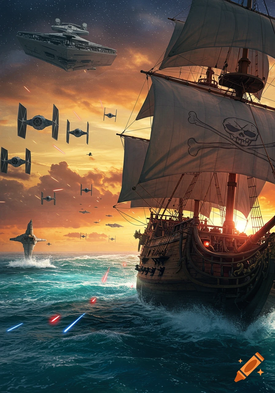 A pirate ship on a rough sea is under attack by a Star Destroyer and numerous TIE fighters in a dramatic sunset sky.