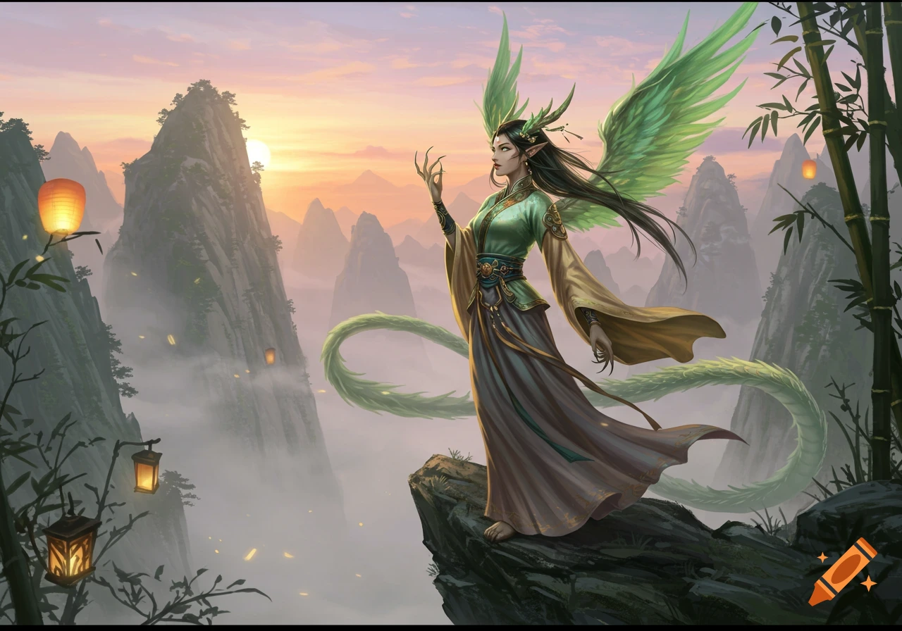 A fantasy weredragon girl with green wings and tail, wearing traditional Chinese robes, stands on a cliff overlooking a misty mountain sunset with lanterns.