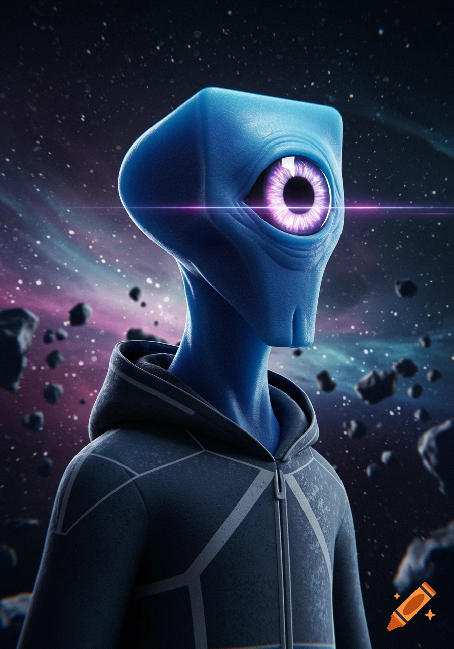 A blue alien with a large purple cyclops eye and a square head, wearing a grey hoodie, stands in space among nebulae and asteroids.