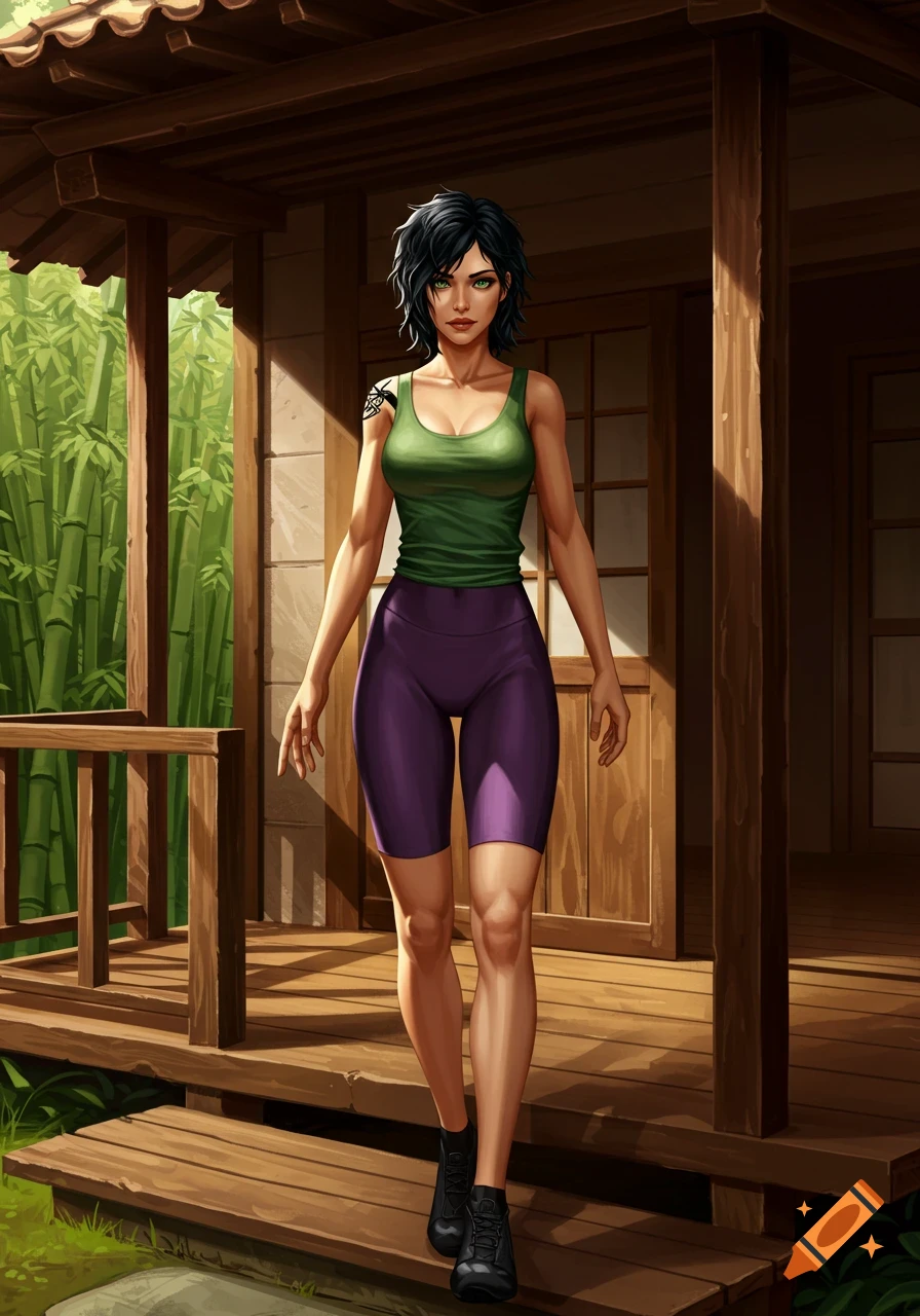 An athletic Celtic woman with short black hair and green eyes stands in an Asian-style doorway, wearing a green tank top and purple biking shorts.