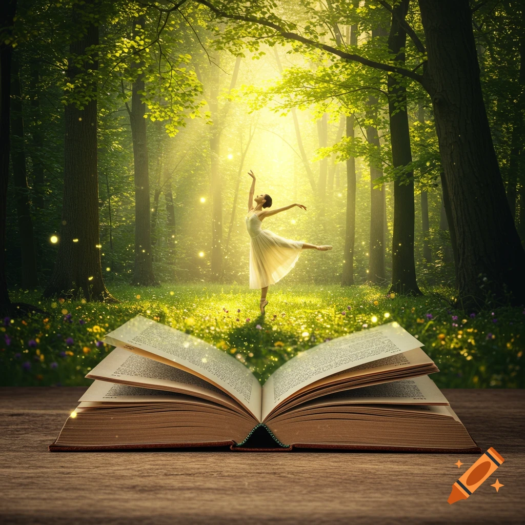 An open book on a table with a ballerina dancing in a glowing, enchanted forest emanating from its pages.