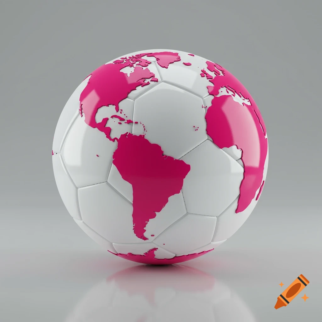 A white soccer ball with continents rendered in bright pink, set against a plain grey background with a reflection.