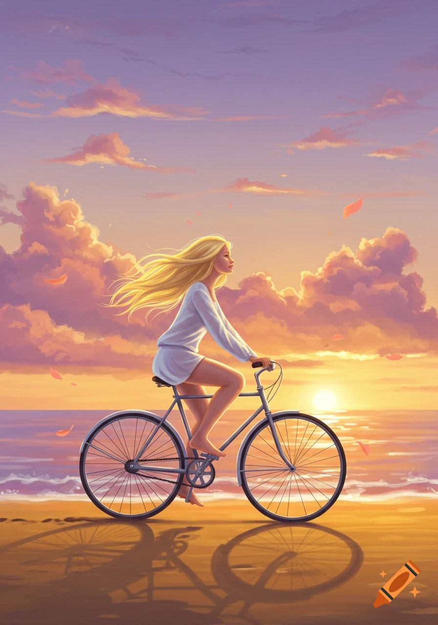 Digital art of a blonde woman riding a bicycle on a sandy beach at sunset, with golden light and pink clouds.