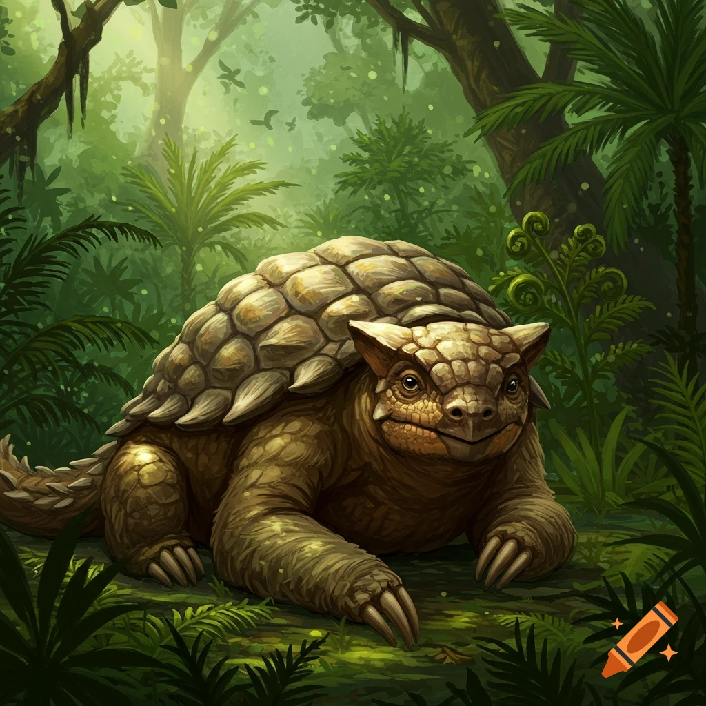 A detailed illustration of an Ankylosaurus and sloth hybrid creature with a shelled back and claws, in a lush green jungle.