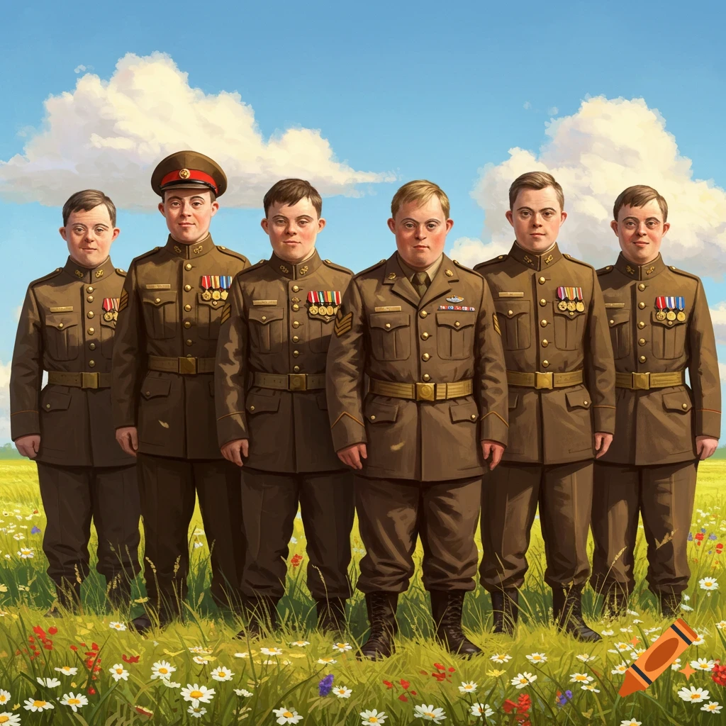 Six men with Down syndrome in vintage military uniforms stand in a field of wildflowers under a blue sky.
