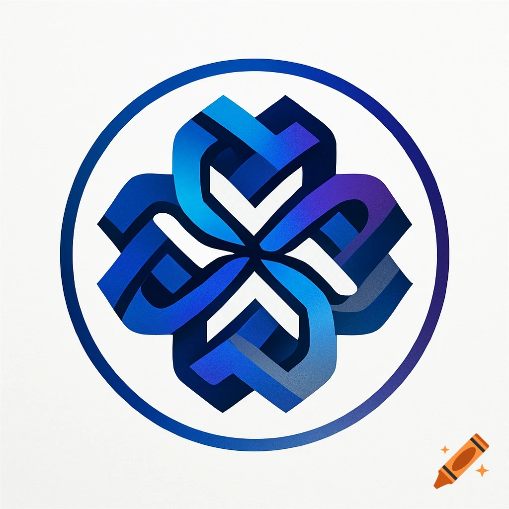 Abstract geometric logo in shades of blue and purple, featuring interwoven shapes within a circular frame.