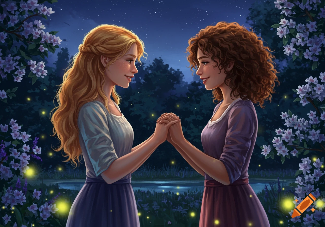 Digital painting of two women holding hands and looking at each other in a magical night garden with fireflies and purple flowers.