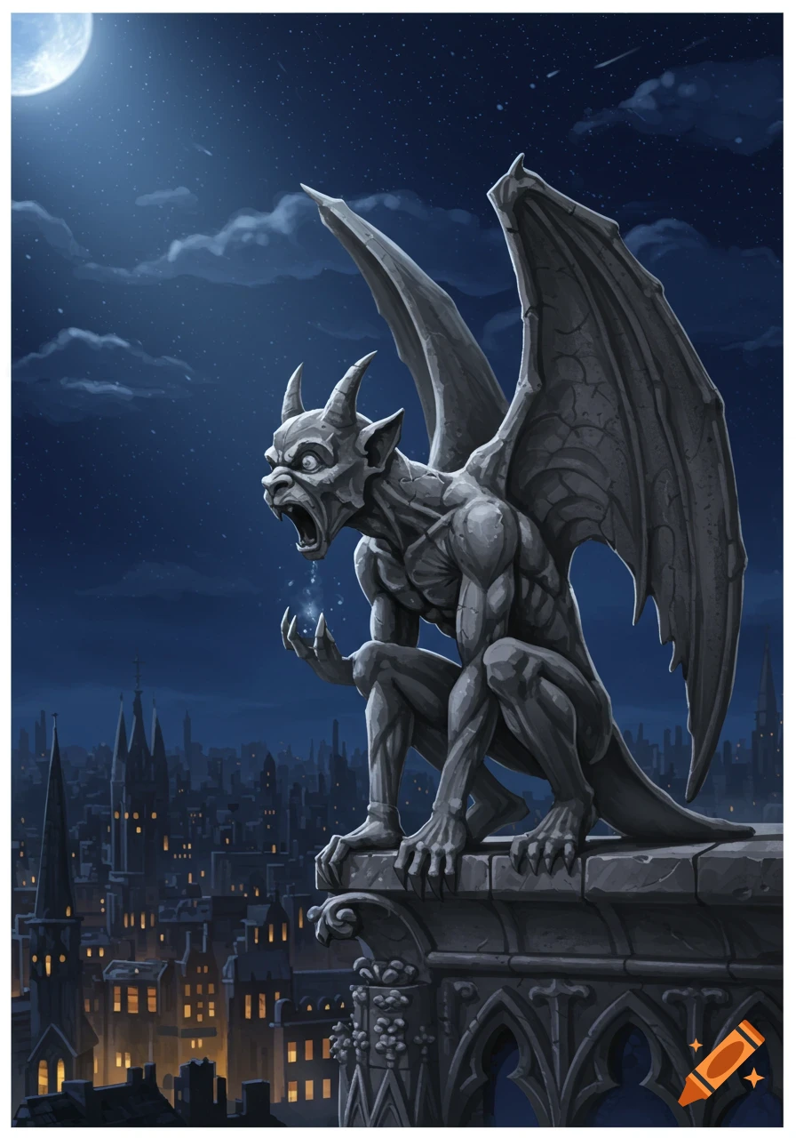 A stone gargoyle roars from a gothic rooftop at night, holding a glowing orb, with a city skyline and full moon in the background.