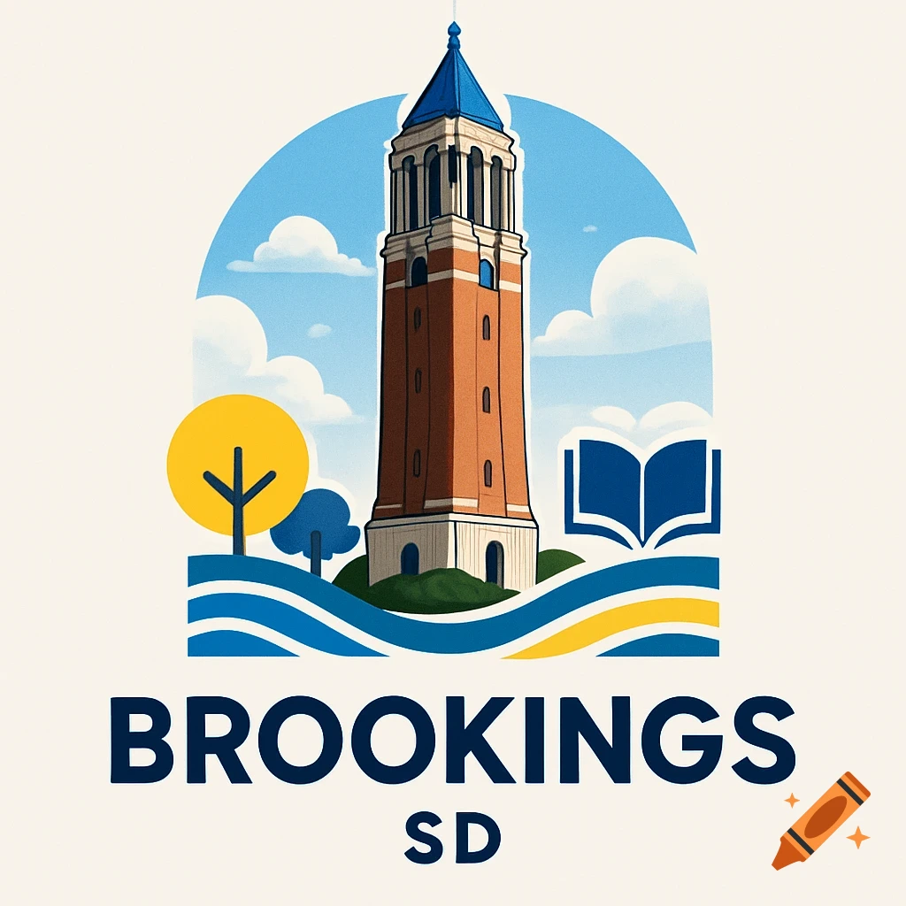 Stylized logo with a tall brown campanile topped with a blue roof, a yellow sun, blue wavy lines, and green hills, above the text "BROOKINGS SD".