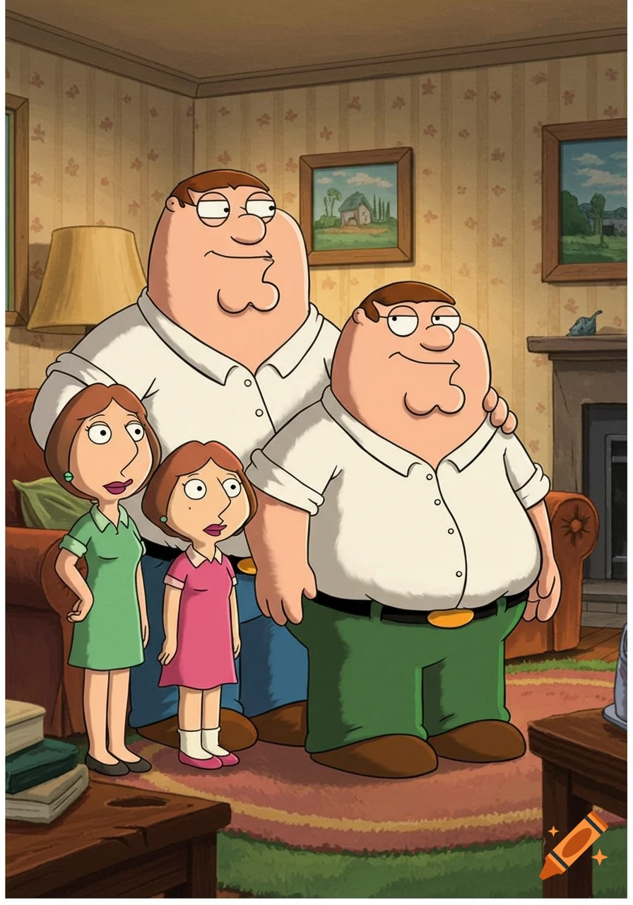 A stylized cartoon family resembling the Griffins from Family Guy stands in a living room, in an animated style.