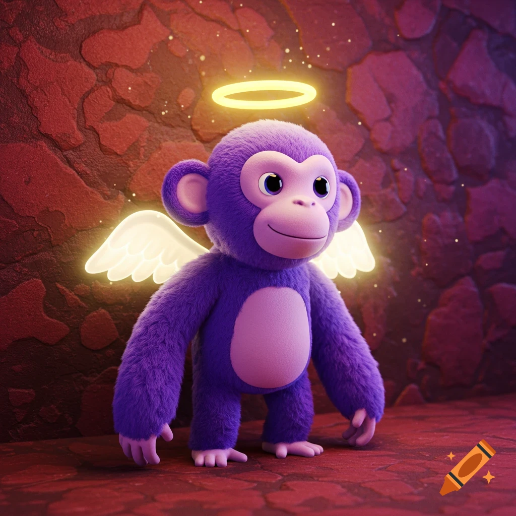 A stylized purple monkey with fluffy fur, angel wings, and a glowing halo stands against a textured red-brown wall.