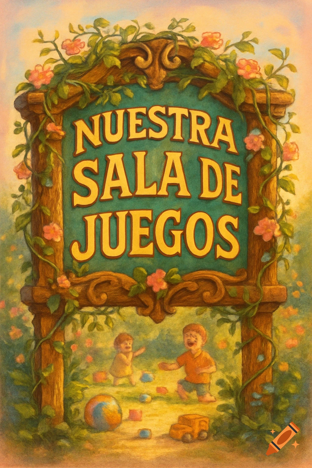 A whimsical, painterly illustration of a wooden sign adorned with flowers and vines, reading "NUESTRA SALA DE JUEGOS". Below, two children play with a ball and blocks.