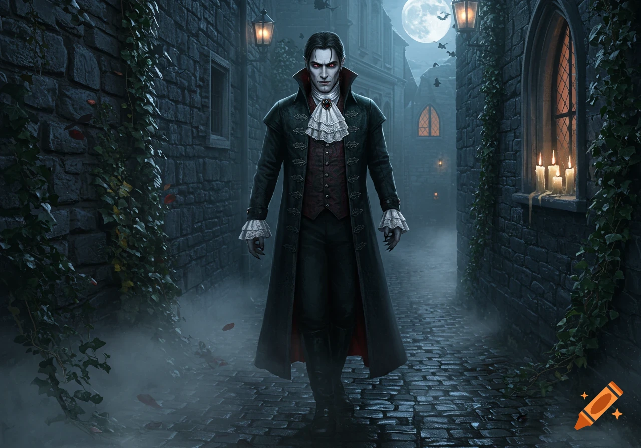 A vampire in a long coat stands in a dark, misty cobblestone alley at night, with a full moon overhead.