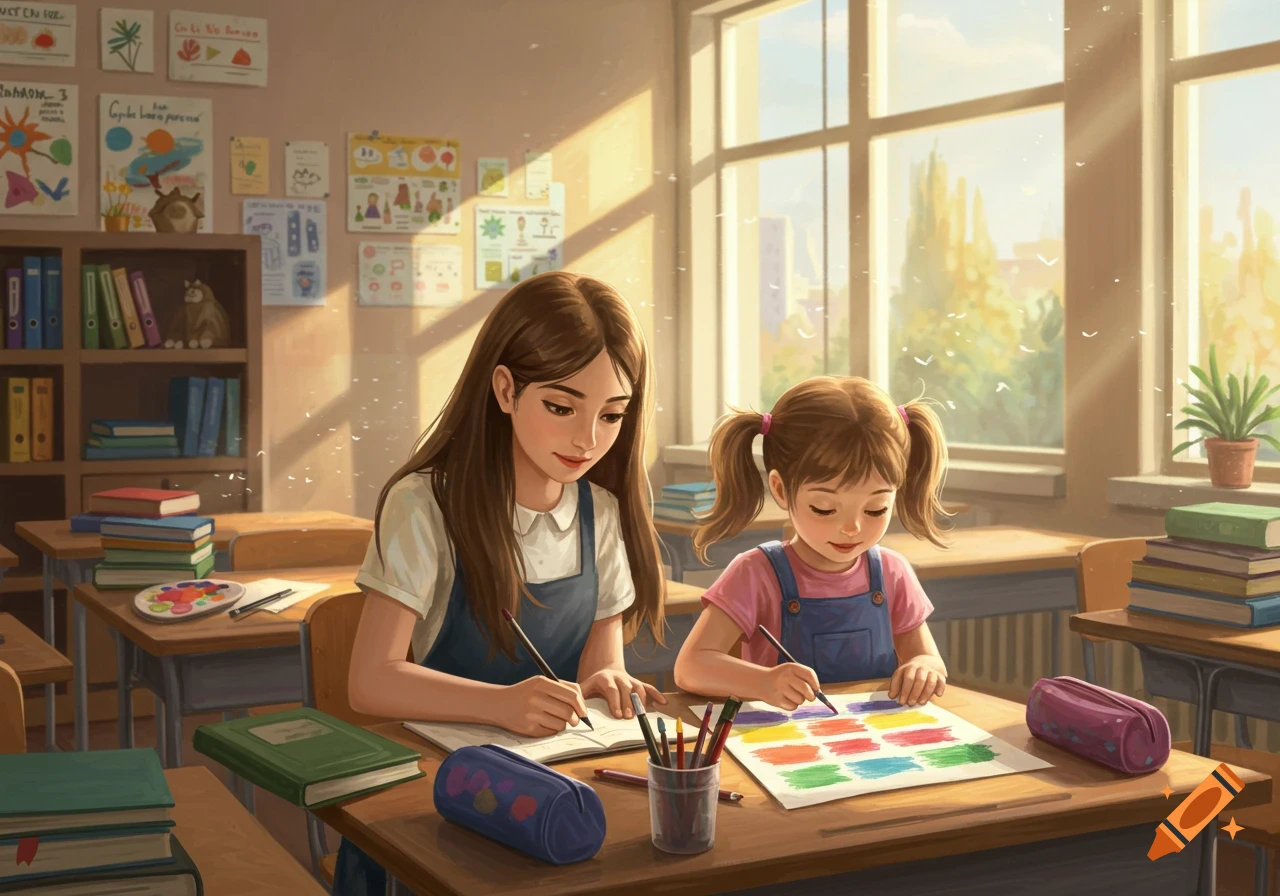 Two girls, one older and one younger, draw and color at desks in a sunny classroom, in an illustrative style.