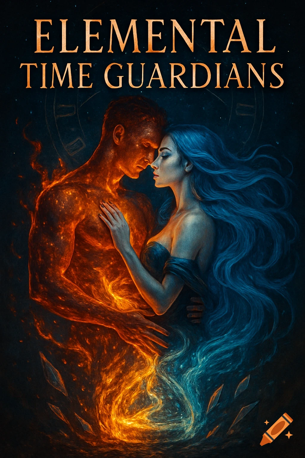 Dramatic book cover featuring a fire guardian and water guardian embracing, surrounded by elemental auras and a temporal vortex.