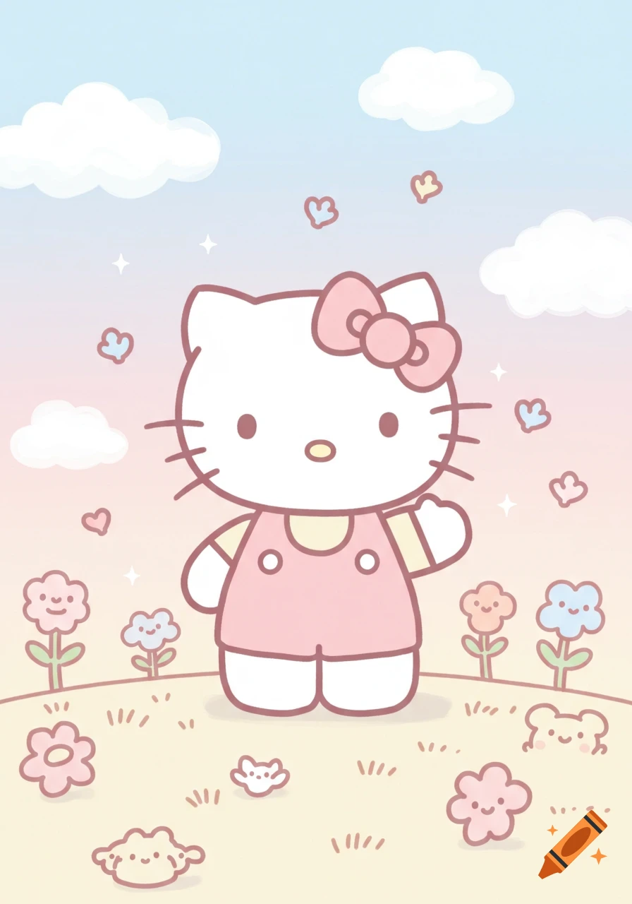 Hello Kitty cartoon illustration in a pink overall stands in a field of smiling flowers under a pastel sky.
