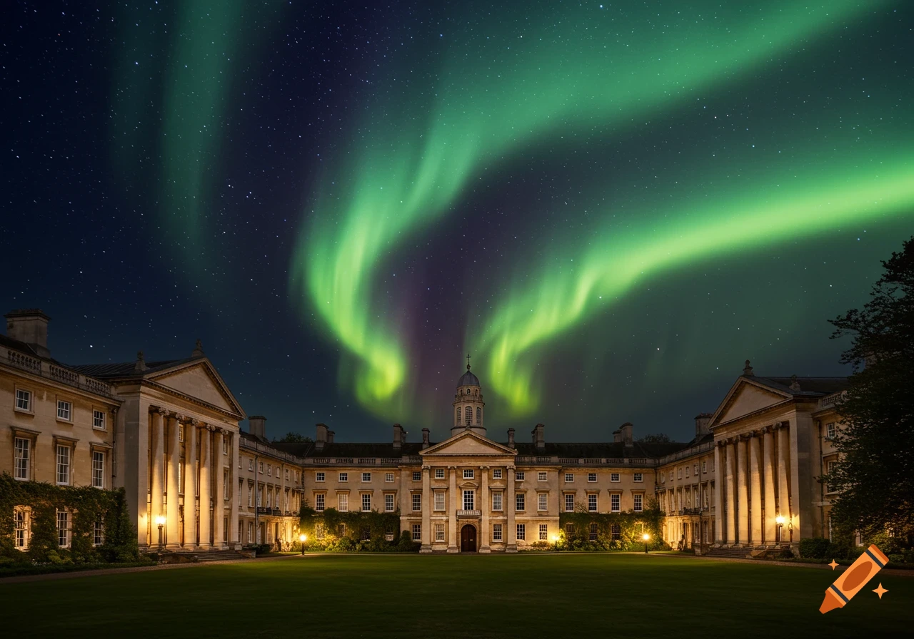 A grand university building with classical architecture, lit up at night, under a vibrant green and purple aurora borealis.
