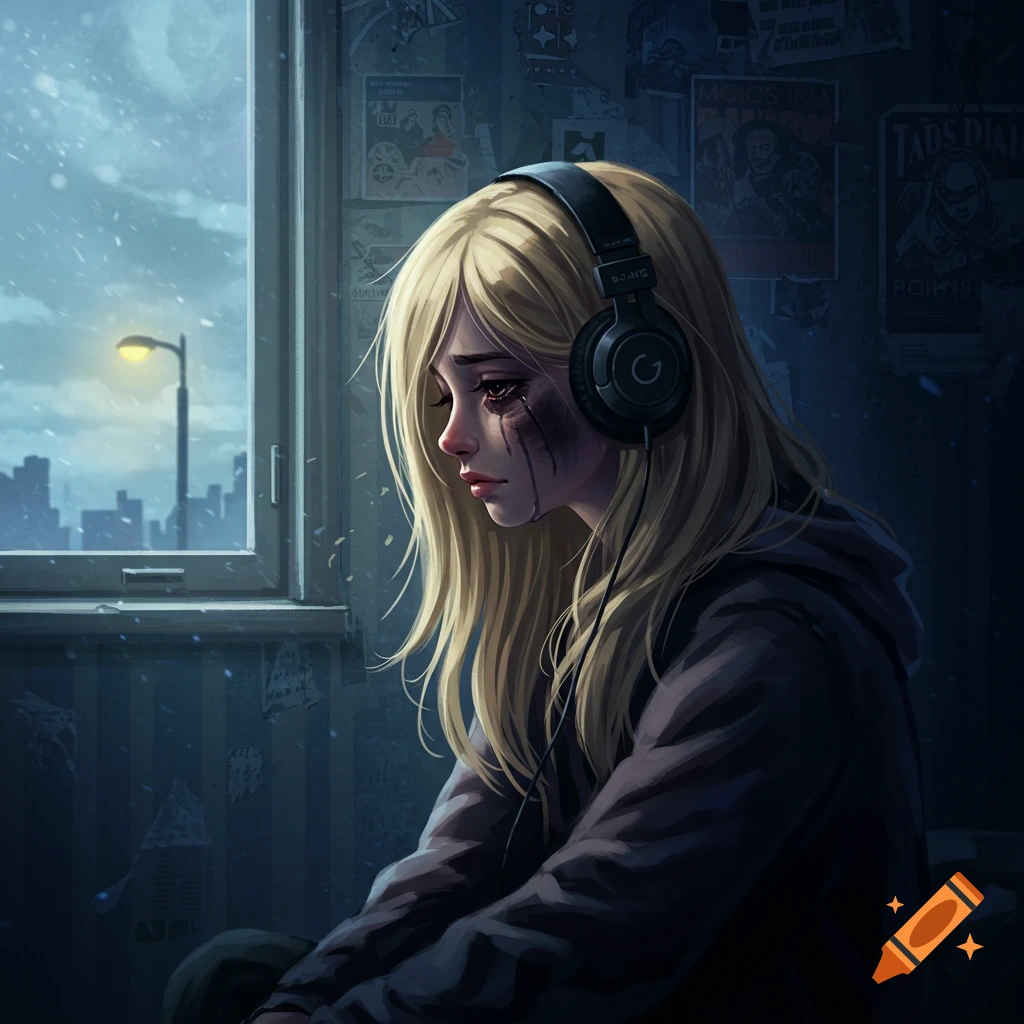 Anime illustration of a sad blonde girl with headphones, mascara running, looking down by a window with a city view.