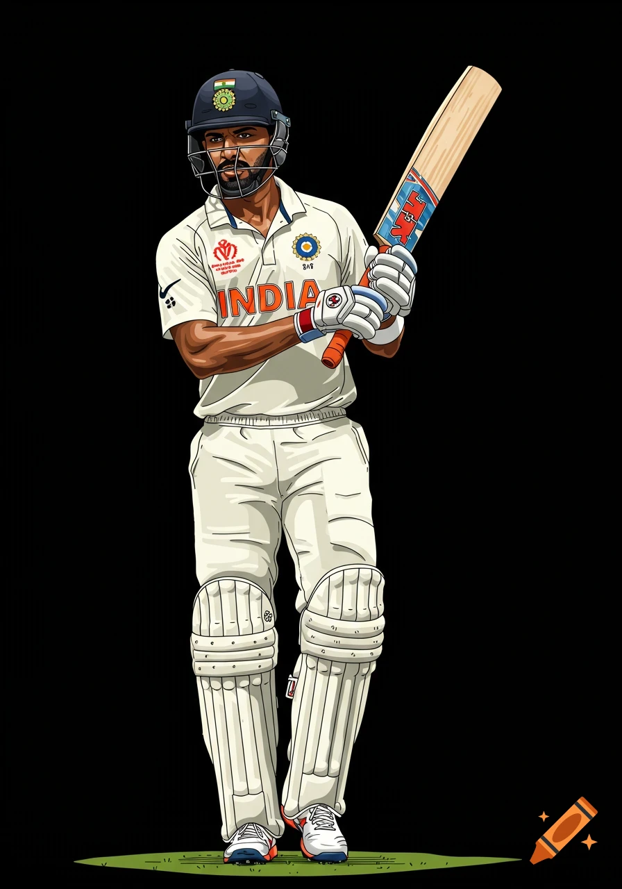 Cartoon illustration of an Indian cricket batsman in white uniform, helmet, and pads, holding a bat, against a black background.
