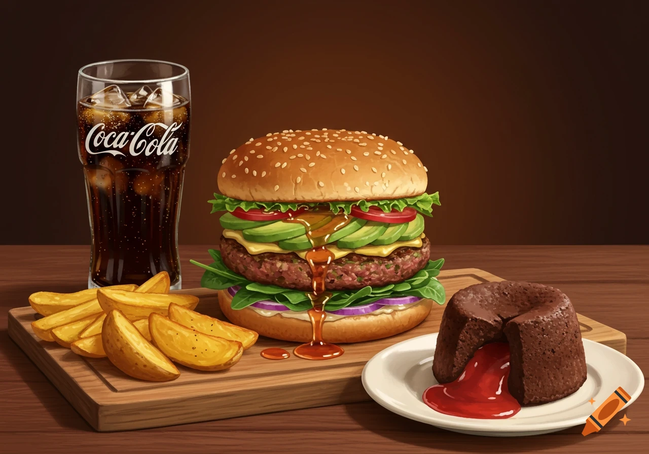 A gourmet burger with avocado, potato wedges, a glass of Coca-Cola, and a chocolate lava cake with red coulis on a wooden table.