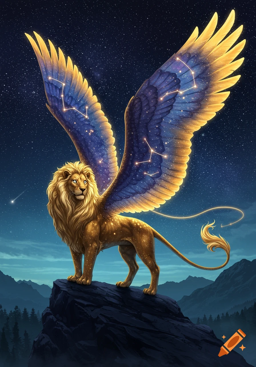 A majestic golden winged lion with starry blue wings stands on a rock cliff under a dark night sky with distant mountains.