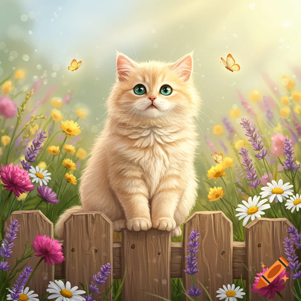 A fluffy light orange kitten with bright green eyes sits on a wooden fence among colorful flowers and butterflies.