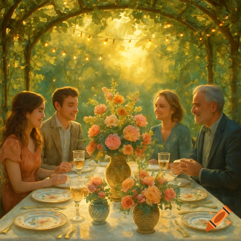 Impressionistic painting of a family dining outdoors in a lush garden under string lights.
