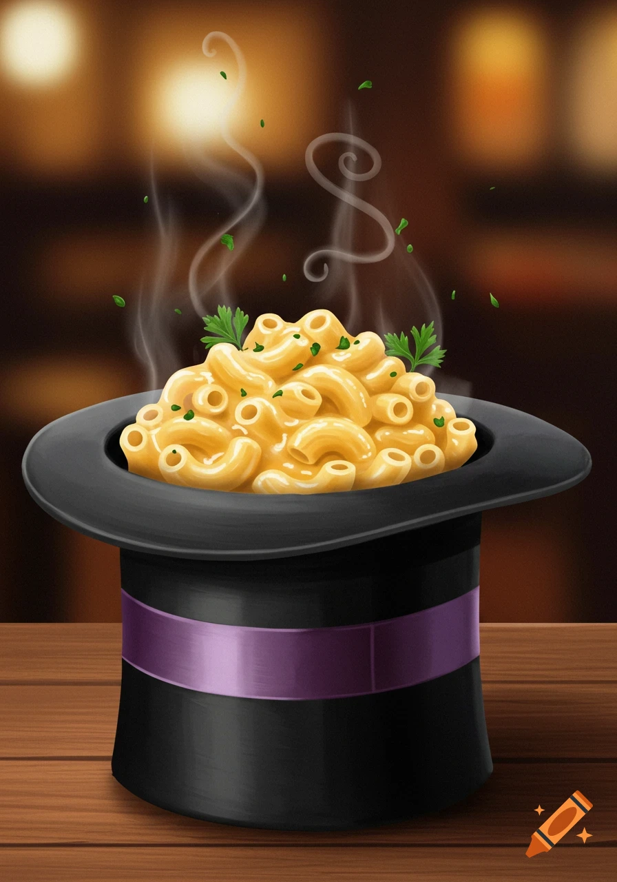 Illustration of steaming macaroni and cheese served in a black top hat with a purple ribbon, on a wooden table.