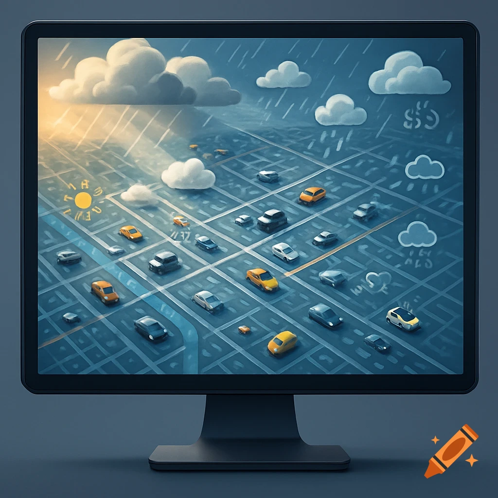 A stylized map with cars, streets, and weather icons like sun and rain, displayed on a computer monitor.