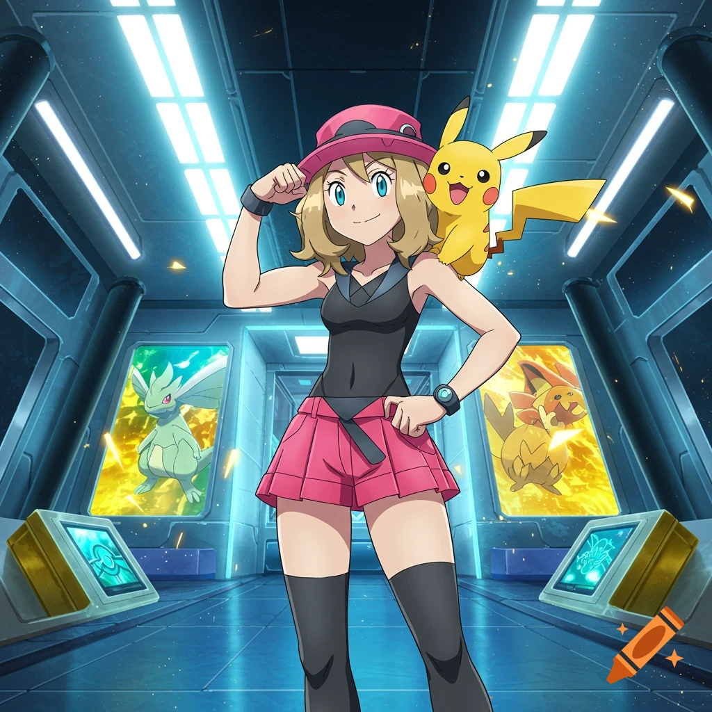 Anime girl Serena with Pikachu on her shoulder, flexing in a futuristic gym with glowing screens showing other Pokemon.