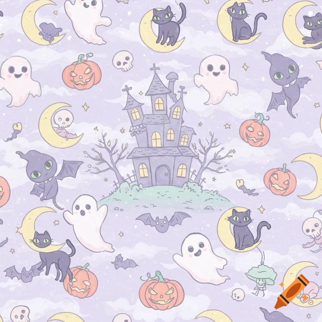 Seamless pastel Halloween pattern featuring cute ghosts, black cats on moons, pumpkins, bats, and a haunted house on a purple sky.