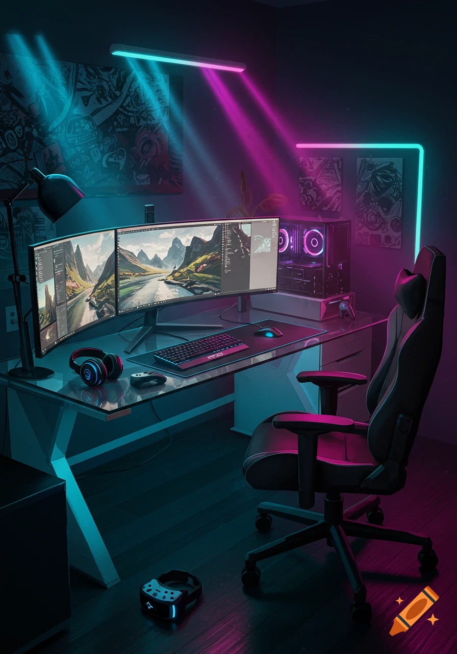 Futuristic gaming setup with three monitors, a chair, keyboard, and headphones on a glass desk, lit by teal and magenta neon.