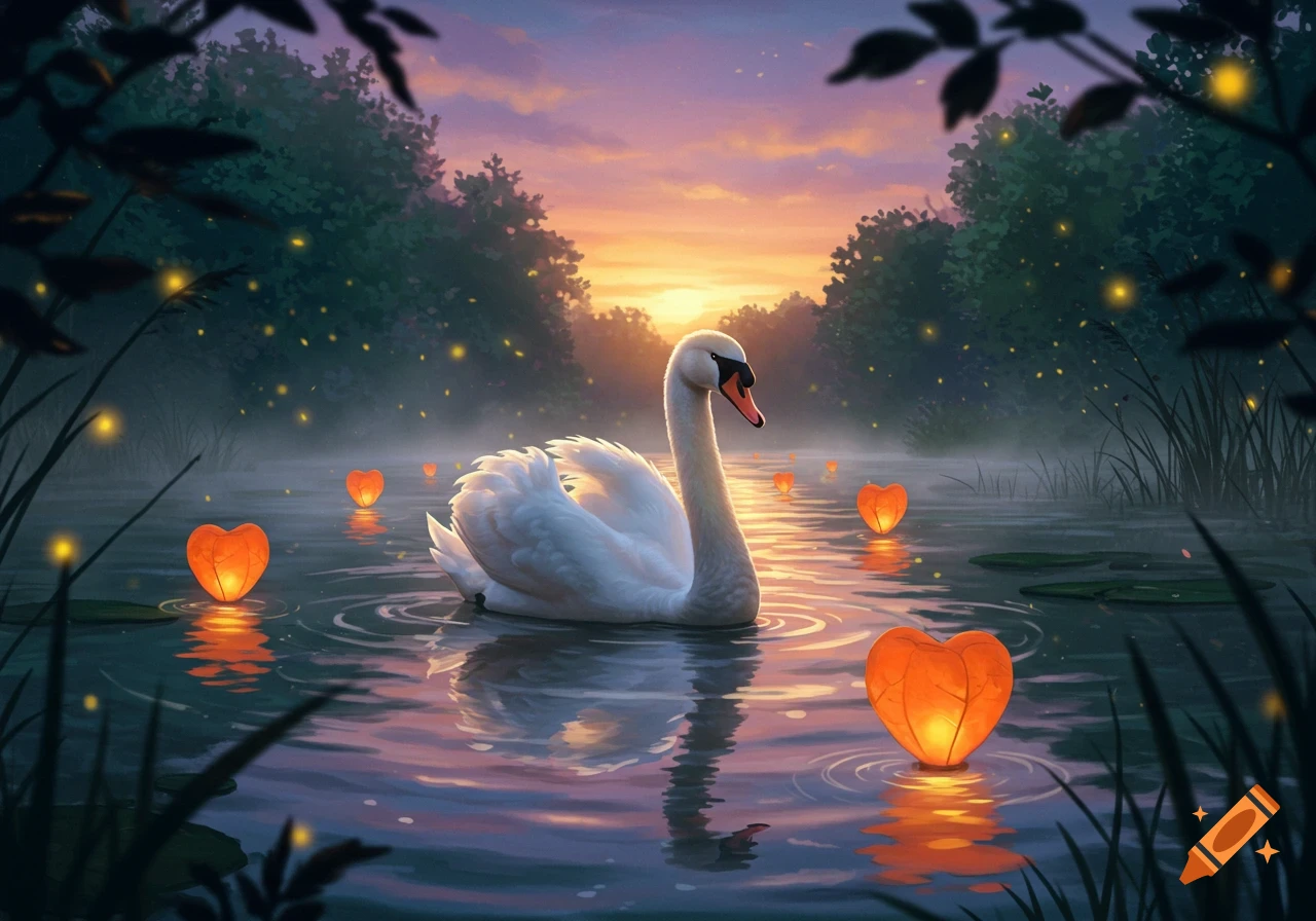 A white swan floats on a misty lake at sunset, surrounded by glowing orange heart-shaped lanterns and fireflies. Digital art.