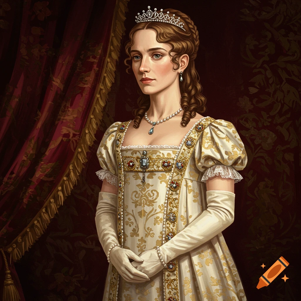 A painting of a woman in an elaborate white and gold Regency-era gown, long gloves, pearl jewelry, and a tiara, standing against a red patterned background.