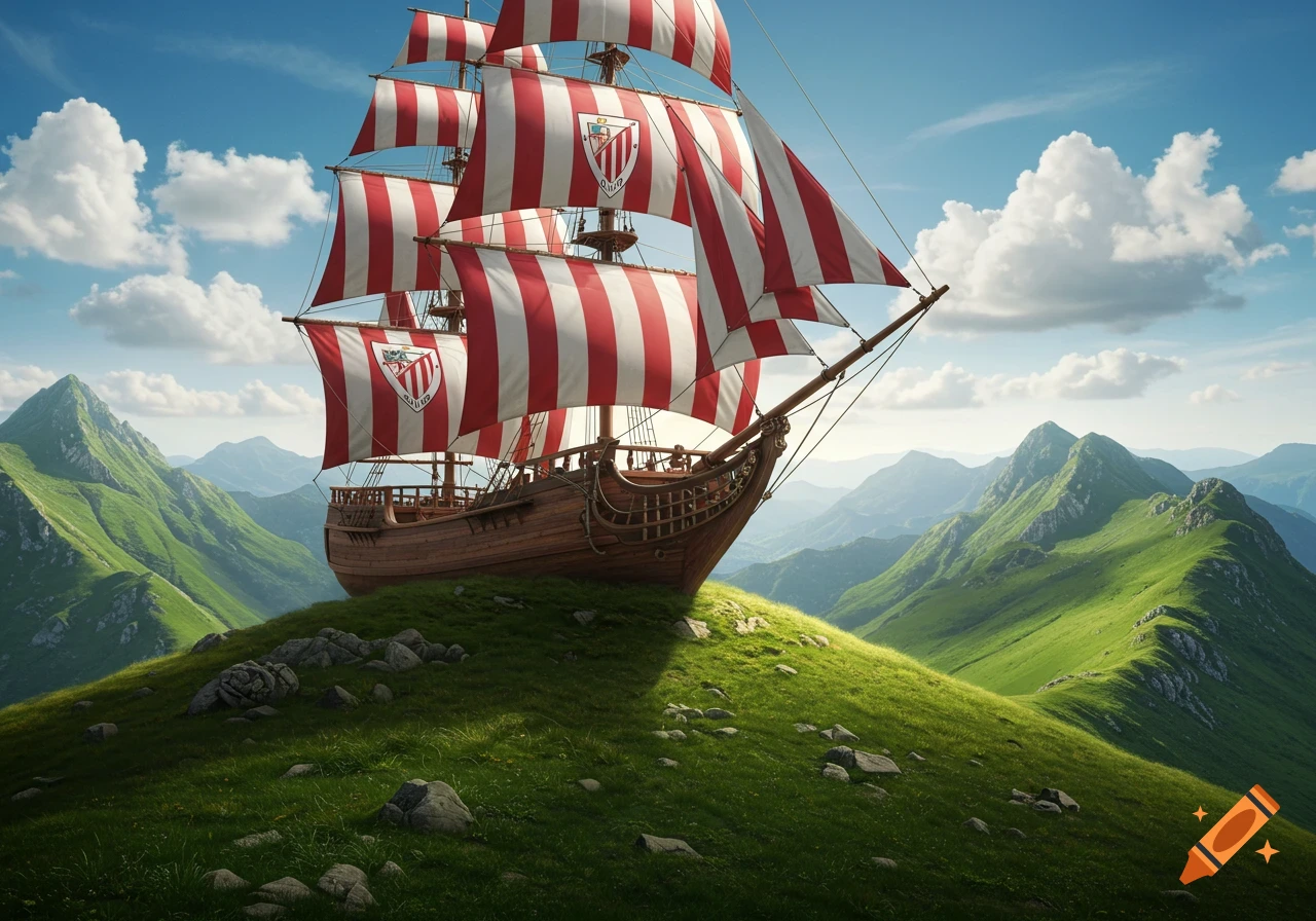 A large wooden sailing ship with red and white striped sails and the Athletic Club de Bilbao logo sits atop a lush green mountain, with mountains and blue sky in background.
