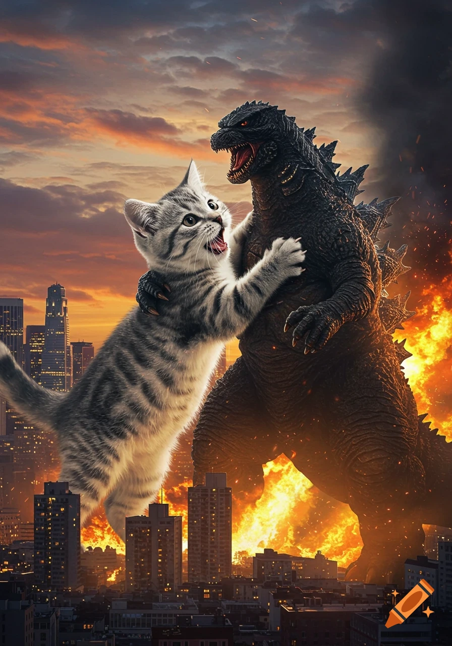 A giant kitten clings to Godzilla, both roaring amidst orange flames engulfing a towering city at sunset.