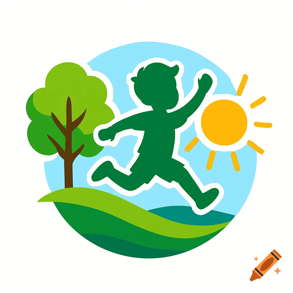 A vibrant logo featuring a green silhouette of a child running, a green tree, and a yellow sun against a light blue sky and green hills.