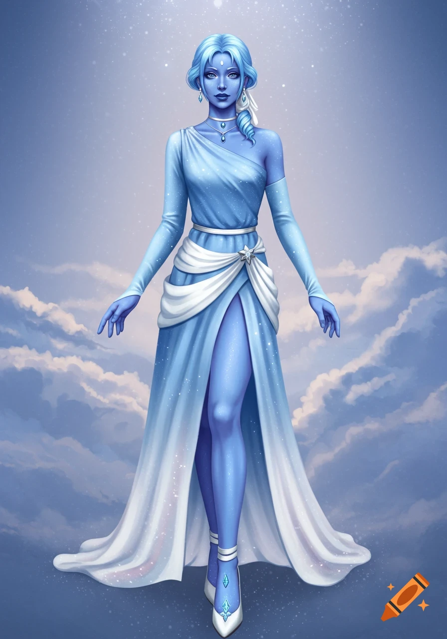 Illustrated blue-skinned woman in a flowing light blue and white dress, adorned with jewels, standing against a sky of clouds and stars.