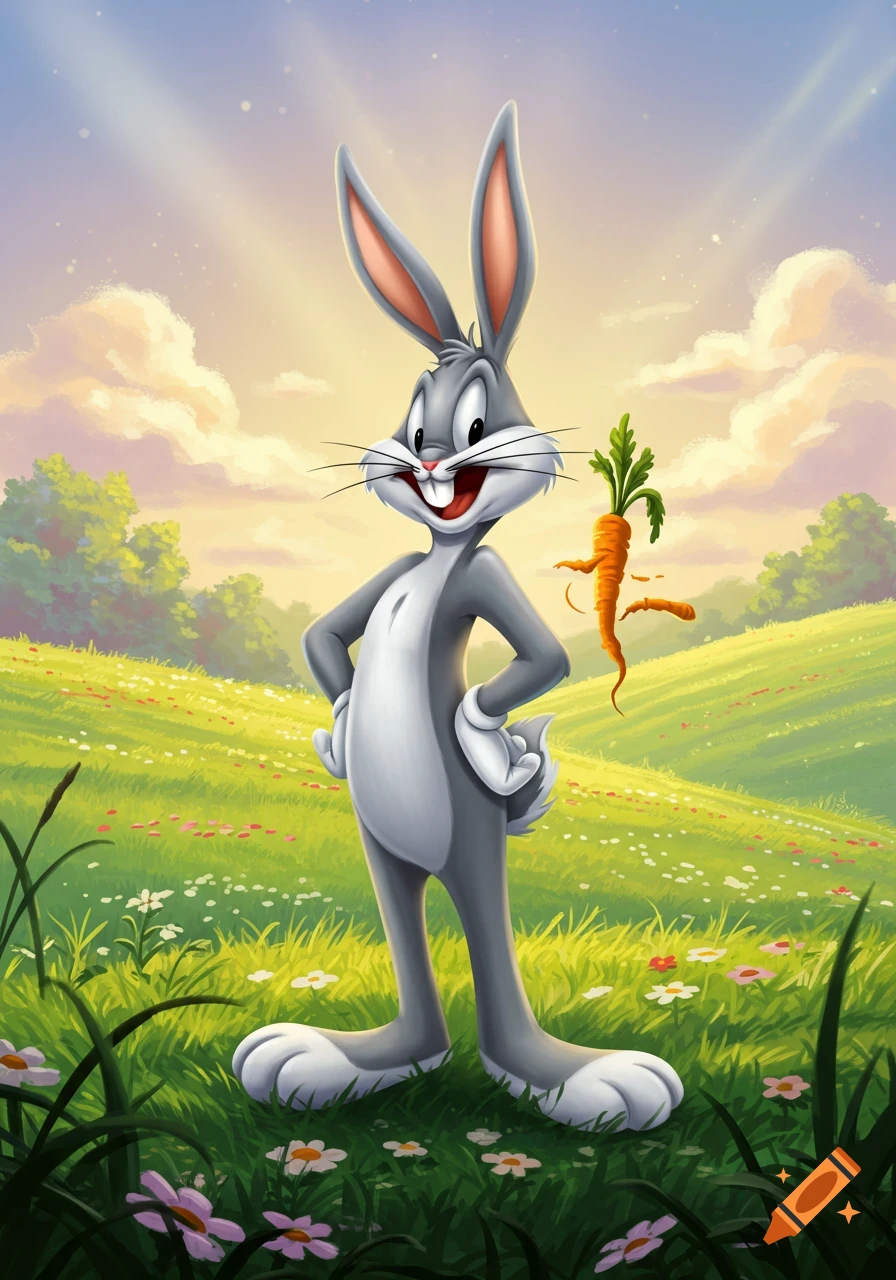 Bugs Bunny stands confidently in a bright green field, a smiling carrot floating beside him under a sunny sky.