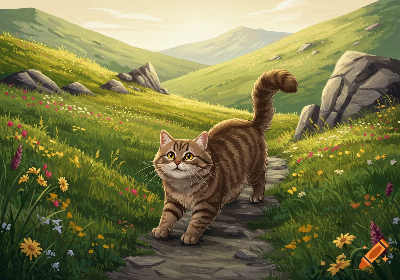 An illustrative brown tabby cat happily walks on a path through rolling green hills covered in colorful wildflowers.