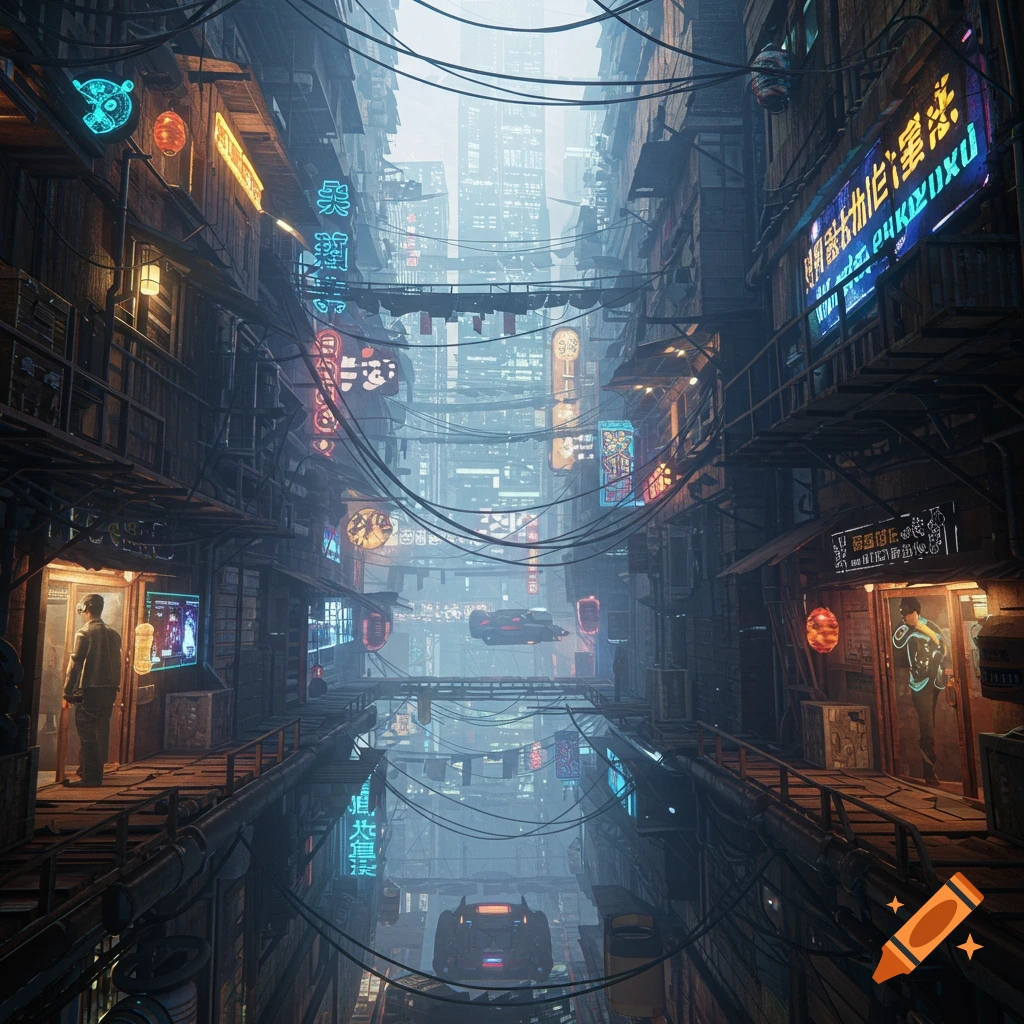 A highly detailed, hyper-realistic cyberpunk city alley with neon signs, dense buildings, and flying vehicles in a misty atmosphere.