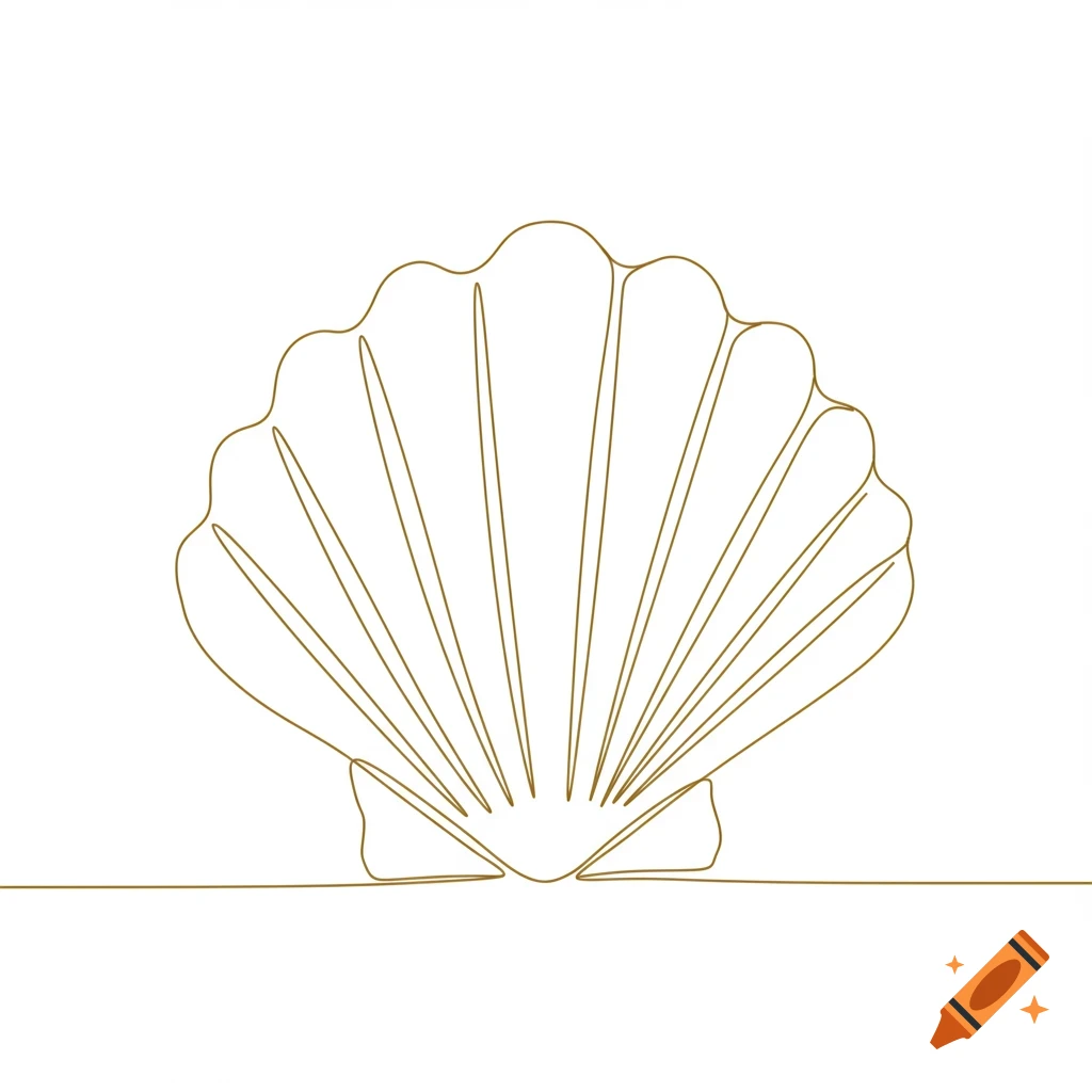 A single gold line drawing of a scallop shell on a white background.