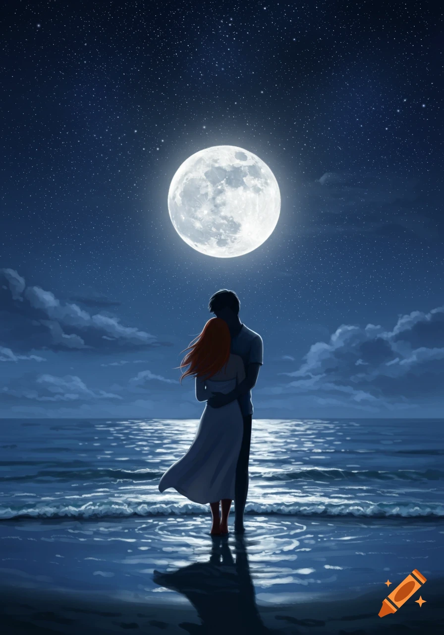 A man hugs a woman on a moonlit beach at night under a starry sky in an anime style.