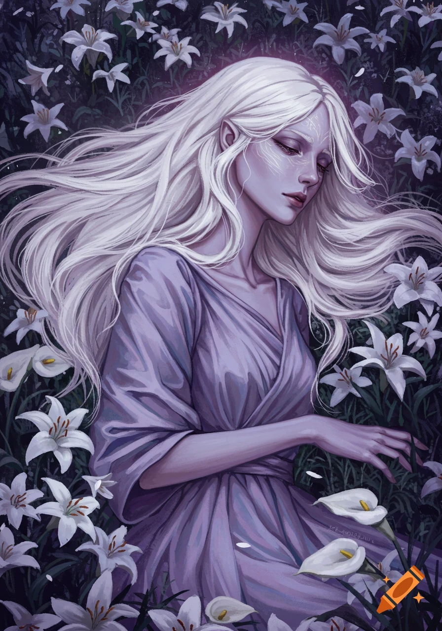 An ethereal elf-like woman with long white hair and a lavender gown reclines in a field of white lilies, eyes closed in a serene, dark fantasy style.